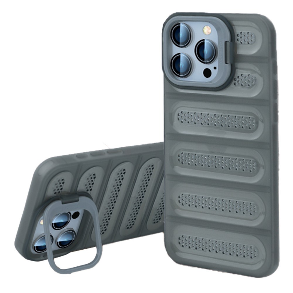 For iPhone 13 Pro Case Heat Dissipation Kickstand Airbags Anti-Drop TPU+PC Phone Cover - Transparent Grey
