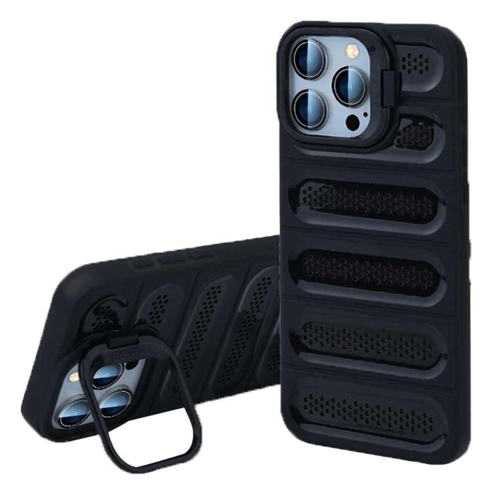 For iPhone 13 Pro Case Heat Dissipation Kickstand Airbags Anti-Drop TPU+PC Phone Cover - Transparent Black