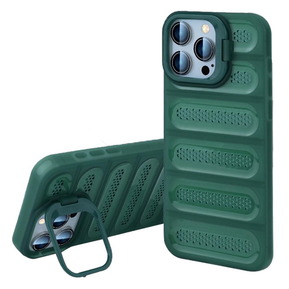 For iPhone 13 Pro Case Heat Dissipation Kickstand Airbags Anti-Drop TPU+PC Phone Cover - Transparent Green