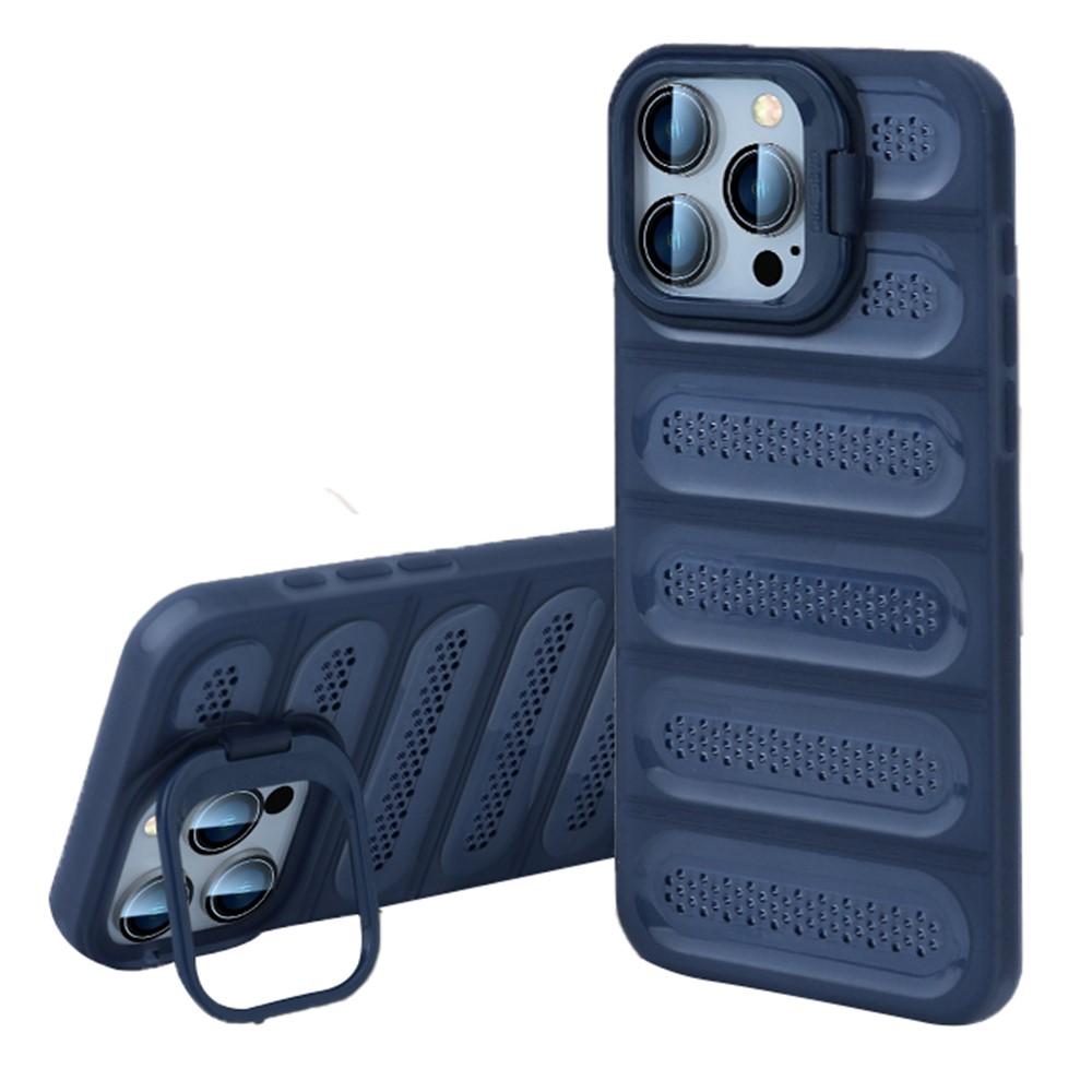 For iPhone 13 Pro Case Heat Dissipation Kickstand Airbags Anti-Drop TPU+PC Phone Cover - Transparent Blue