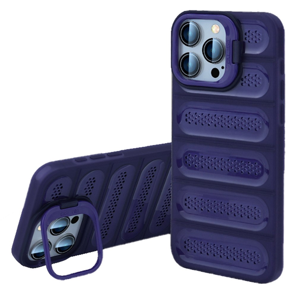 For iPhone 13 Pro Case Heat Dissipation Kickstand Airbags Anti-Drop TPU+PC Phone Cover - Transparent Purple