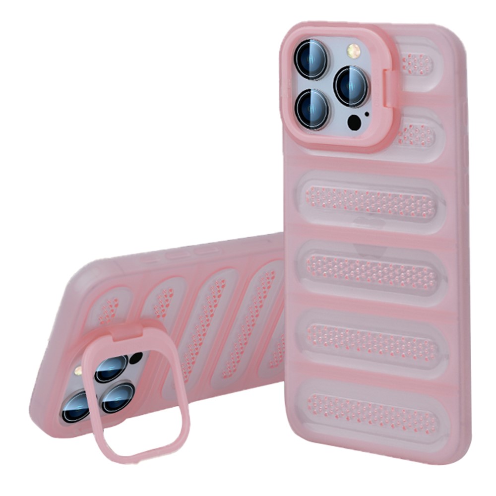 For iPhone 14 Pro Case Heat Dissipation Kickstand Airbags Anti-Drop TPU+PC Phone Cover - Transparent Pink