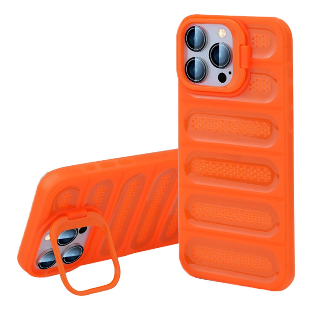 For iPhone 14 Pro Case Heat Dissipation Kickstand Airbags Anti-Drop TPU+PC Phone Cover - Transparent Orange