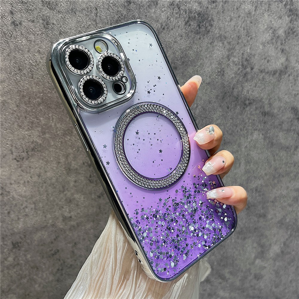 For iPhone 14 Pro Max Magnetic Case Glitter Shockproof TPU + PC Phone Cover Bling Rhinestone - Purple