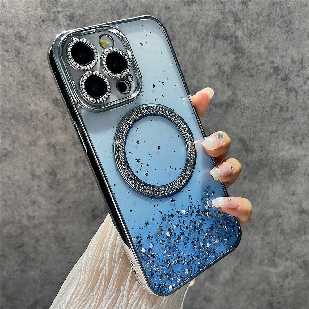 For iPhone 14 Pro Max Magnetic Case Glitter Shockproof TPU + PC Phone Cover Bling Rhinestone - Blue