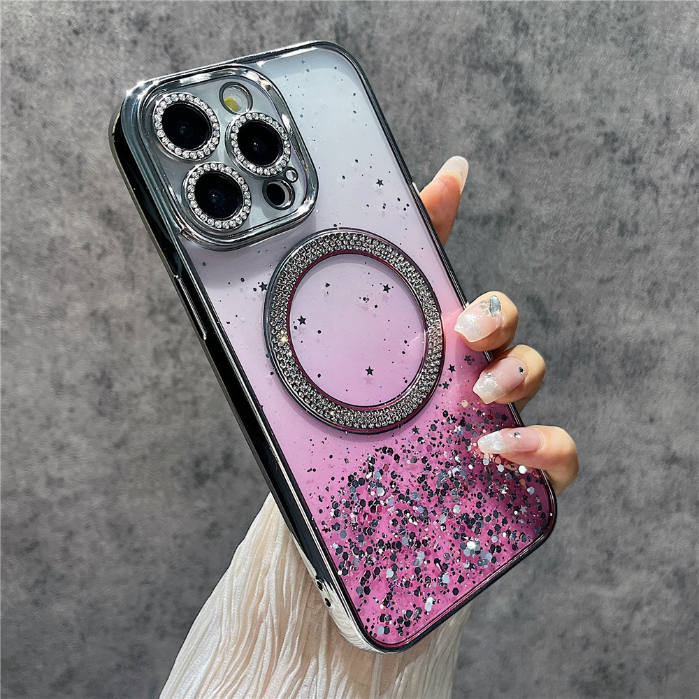 For iPhone 14 Pro Max Magnetic Case Glitter Shockproof TPU + PC Phone Cover Bling Rhinestone - Pink