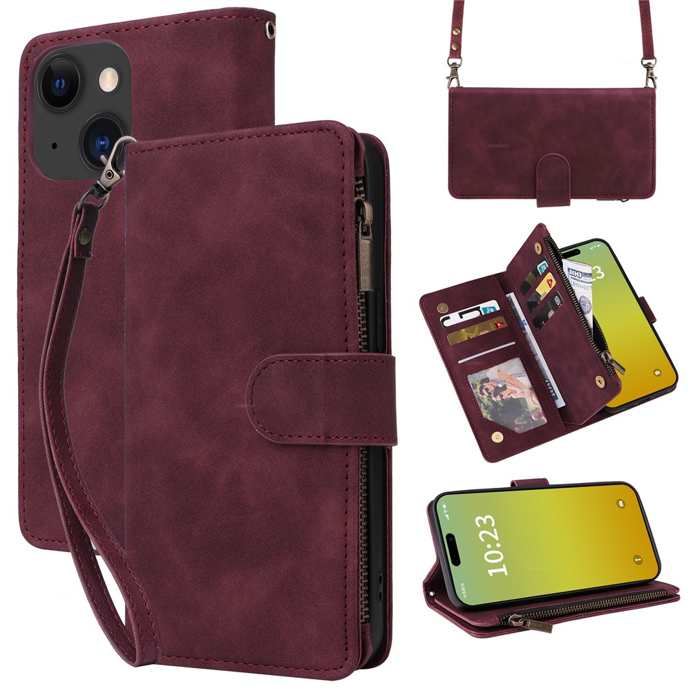 For iPhone 15 Case Zipper Multi-Pocket Wallet Leather Phone Cover with Shoulder and Wrist Straps - Wine Red
