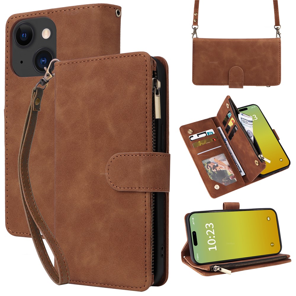 For iPhone 15 Case Zipper Multi-Pocket Wallet Leather Phone Cover with Shoulder and Wrist Straps - Brown
