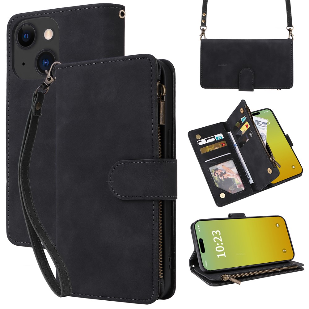 For iPhone 15 Plus Case Zipper Multi-Pocket Wallet Leather Phone Cover with Shoulder and Wrist Straps - Black
