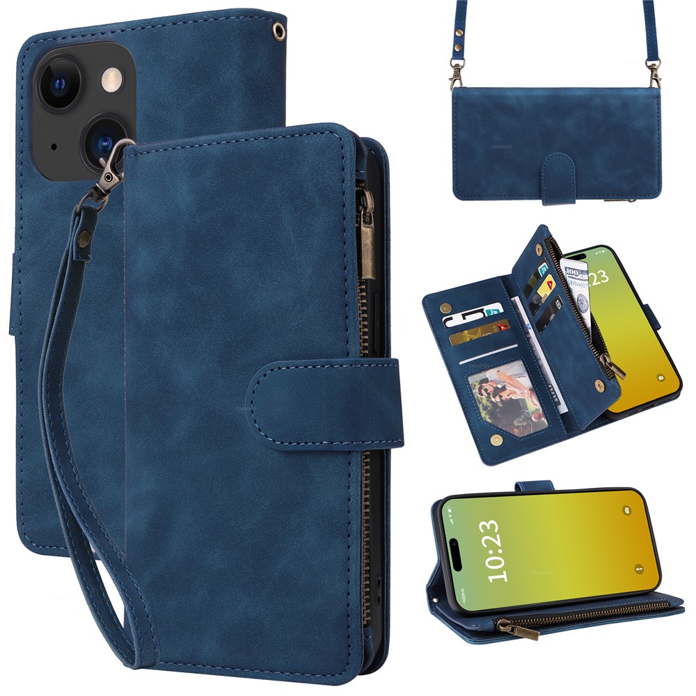 For iPhone 15 Plus Case Zipper Multi-Pocket Wallet Leather Phone Cover with Shoulder and Wrist Straps - Blue