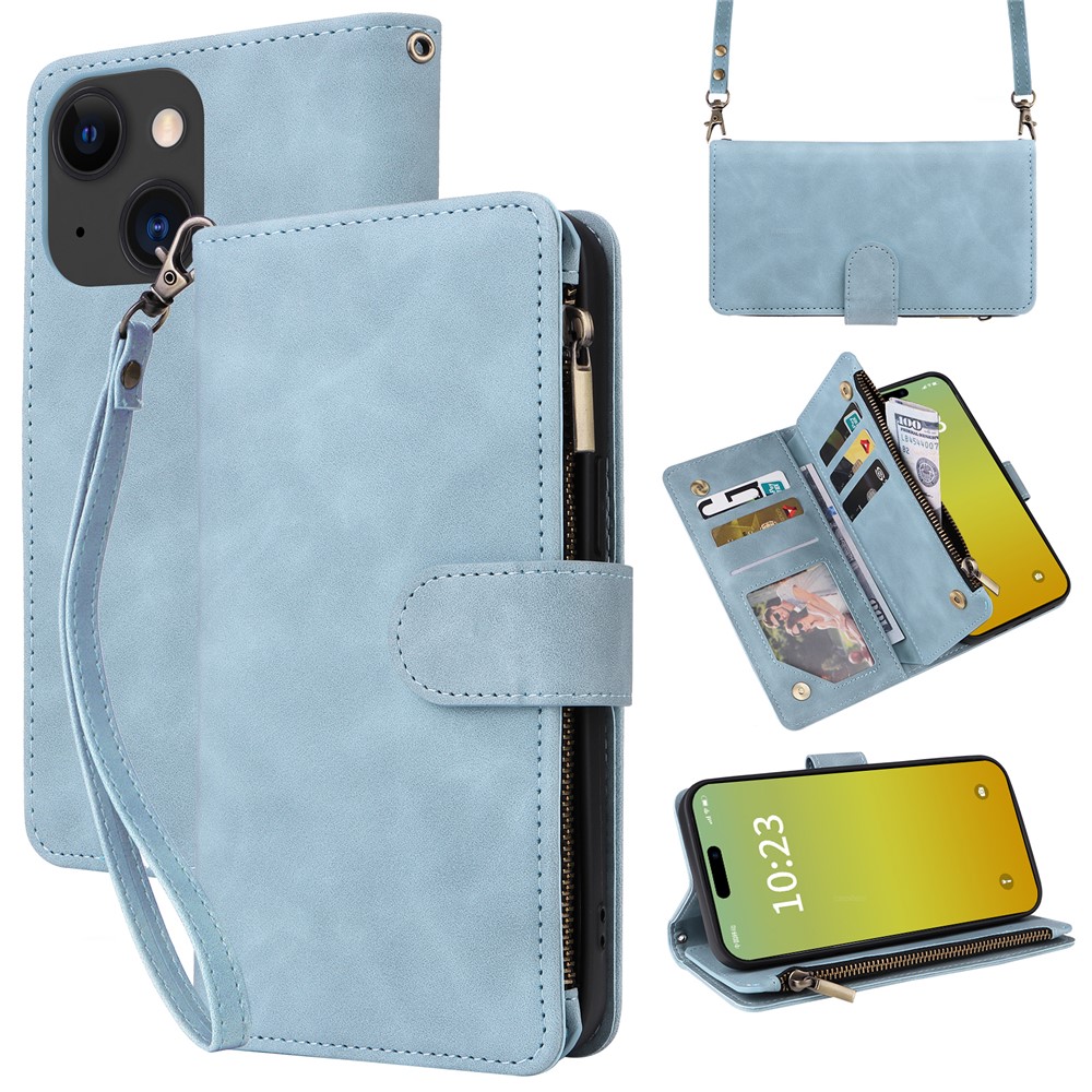 For iPhone 15 Plus Case Zipper Multi-Pocket Wallet Leather Phone Cover with Shoulder and Wrist Straps - Sky Blue