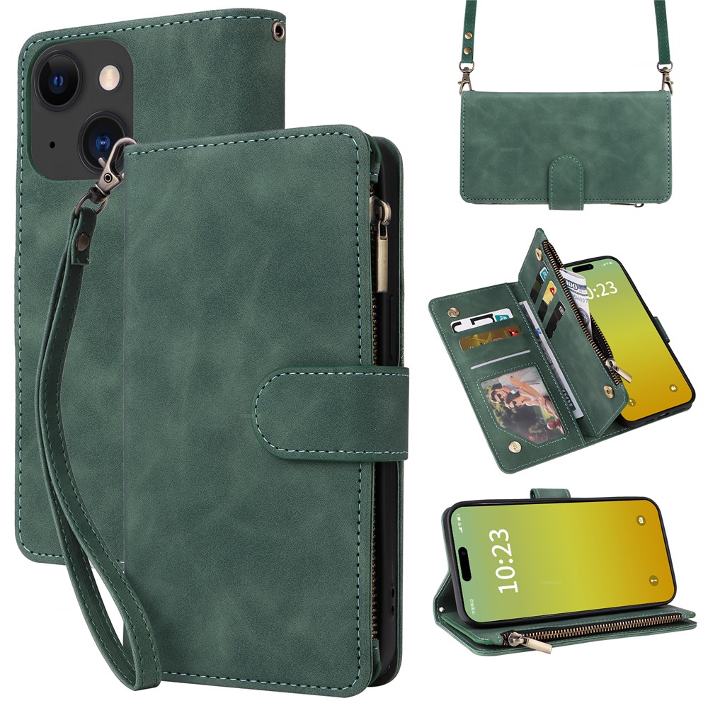 For iPhone 15 Plus Case Zipper Multi-Pocket Wallet Leather Phone Cover with Shoulder and Wrist Straps - Green