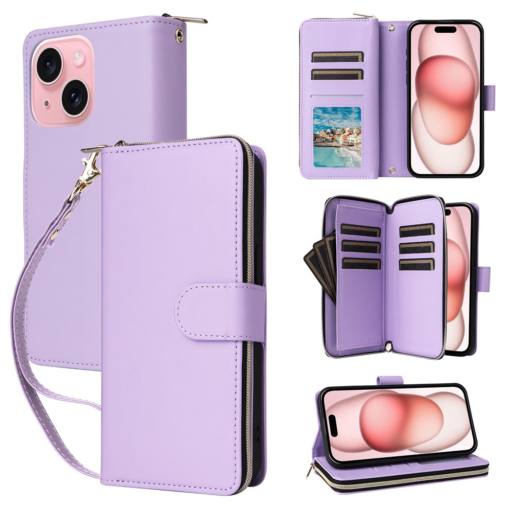 R20 For iPhone 15 Case Zipper Pocket PU Leather Cover with 9 Card Slots - Purple