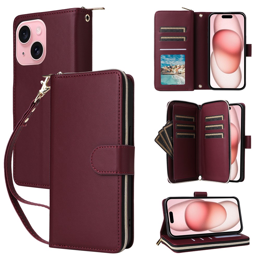 R20 For iPhone 15 Case Zipper Pocket PU Leather Cover with 9 Card Slots - Wine Red