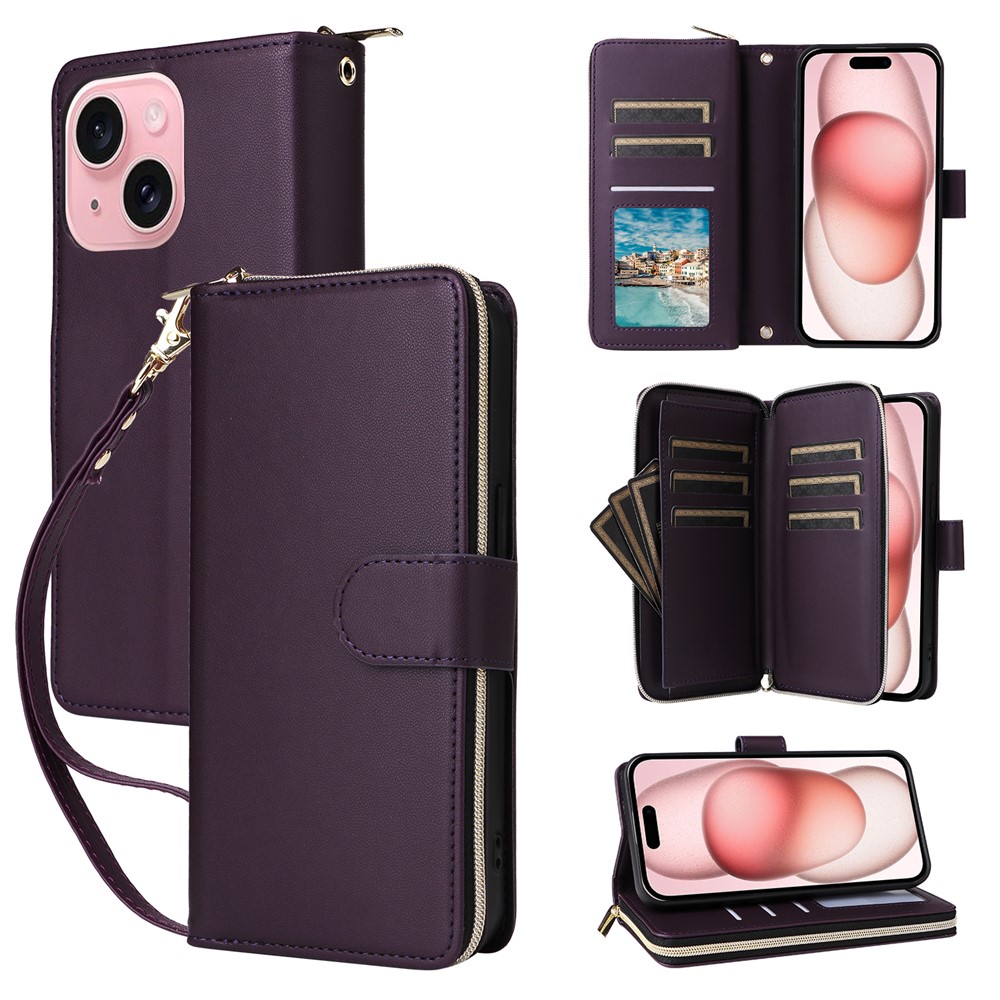 R20 For iPhone 15 Case Zipper Pocket PU Leather Cover with 9 Card Slots - Dark Purple