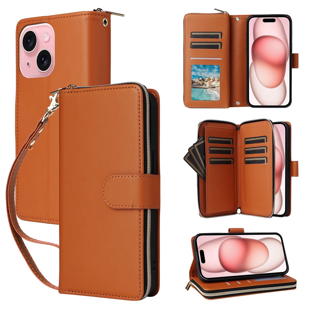 R20 For iPhone 15 Case Zipper Pocket PU Leather Cover with 9 Card Slots - Brown