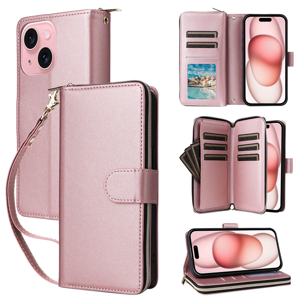 R20 For iPhone 15 Case Zipper Pocket PU Leather Cover with 9 Card Slots - Rose Gold
