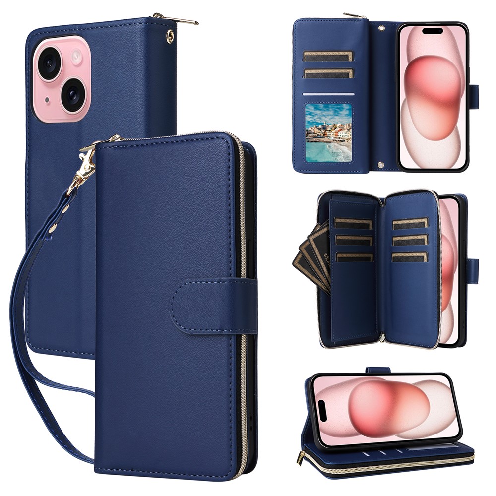 R20 For iPhone 15 Plus Case Zipper Pocket PU Leather Cover with 9 Card Slots - Blue