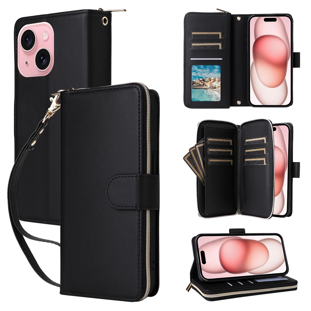 R20 For iPhone 15 Plus Case Zipper Pocket PU Leather Cover with 9 Card Slots - Black