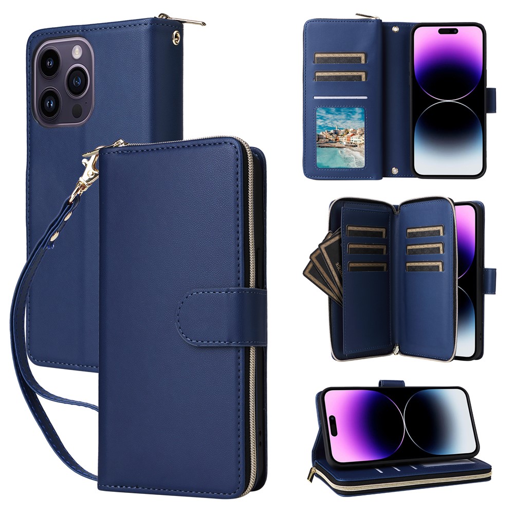 R20 For iPhone 14 Pro Max Case Zipper Pocket PU Leather Cover with 9 Card Slots - Blue