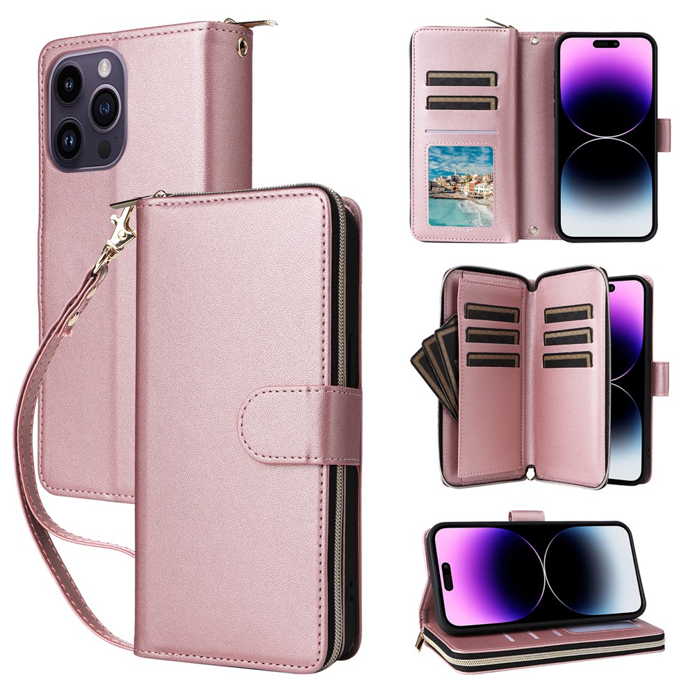 R20 For iPhone 14 Pro Max Case Zipper Pocket PU Leather Cover with 9 Card Slots - Rose Gold