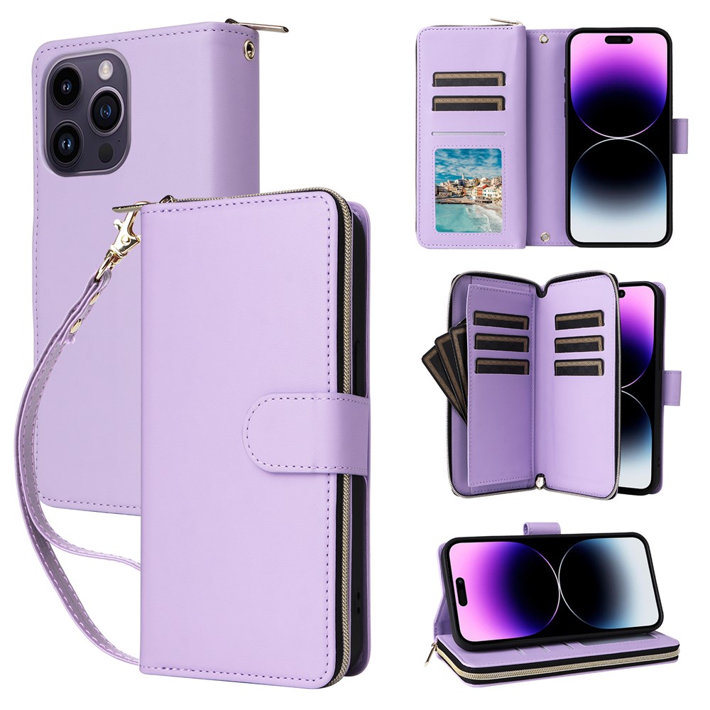 R20 For iPhone 14 Pro Case Zipper Pocket PU Leather Cover with 9 Card Slots - Purple