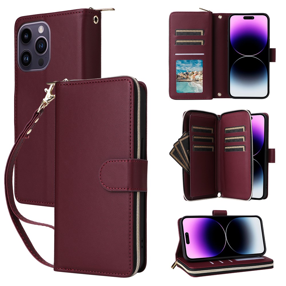 R20 For iPhone 14 Pro Case Zipper Pocket PU Leather Cover with 9 Card Slots - Wine Red