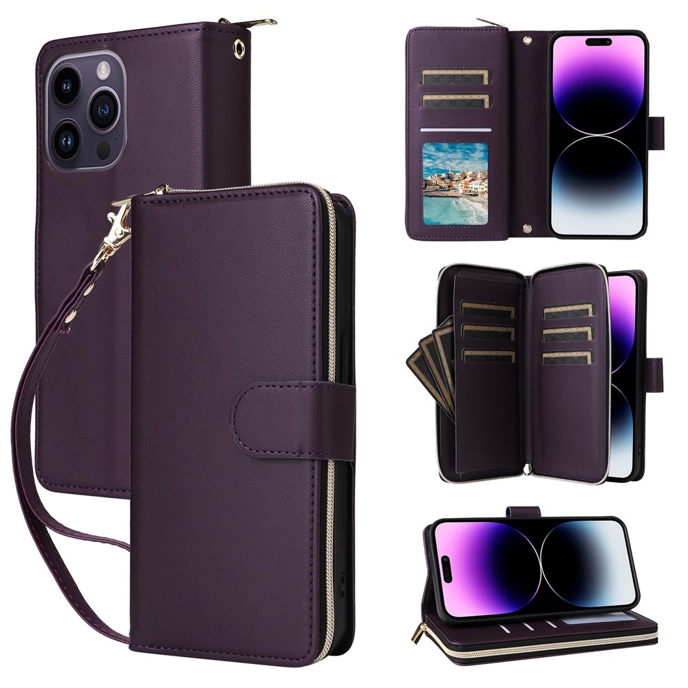 R20 For iPhone 14 Pro Case Zipper Pocket PU Leather Cover with 9 Card Slots - Dark Purple