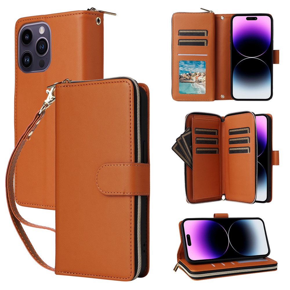 R20 For iPhone 14 Pro Case Zipper Pocket PU Leather Cover with 9 Card Slots - Brown