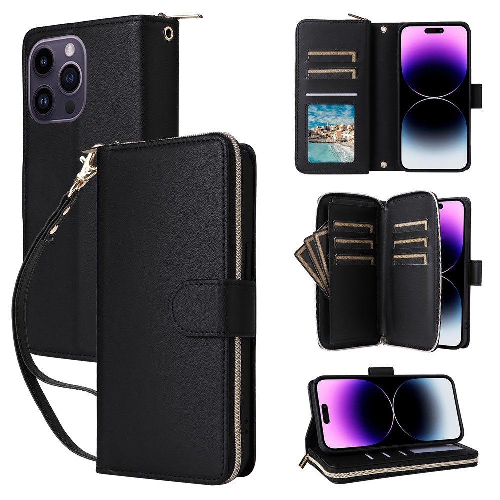 R20 For iPhone 14 Pro Case Zipper Pocket PU Leather Cover with 9 Card Slots - Black