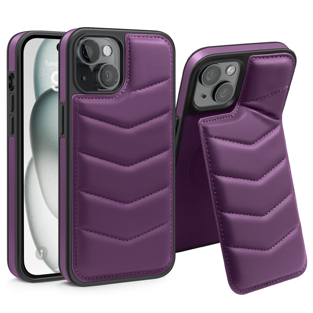 For iPhone 15 Case Card Slot Down Coat Kickstand Leather+TPU Magnetic Phone Cover - Purple