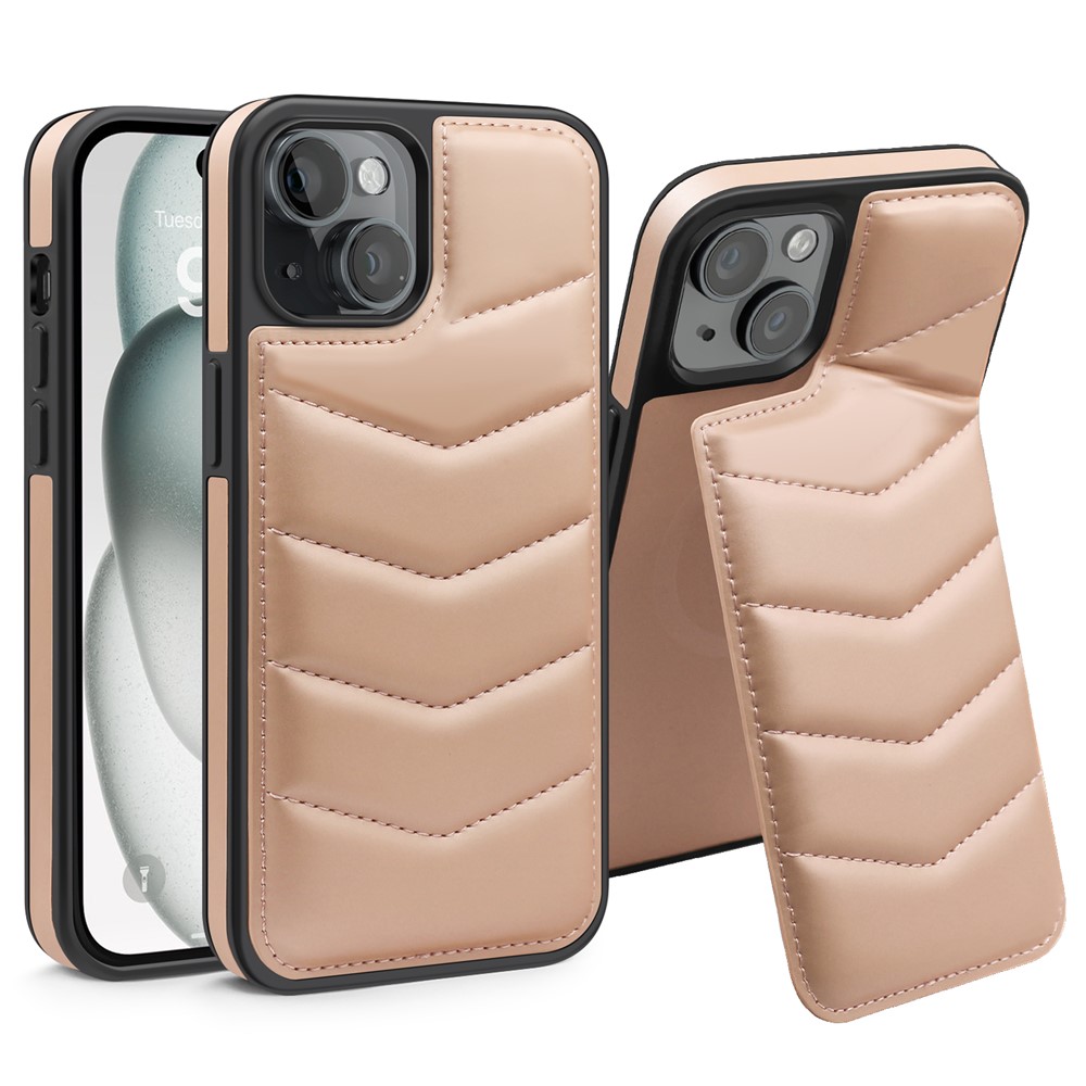 For iPhone 15 Case Card Slot Down Coat Kickstand Leather+TPU Magnetic Phone Cover - Pink