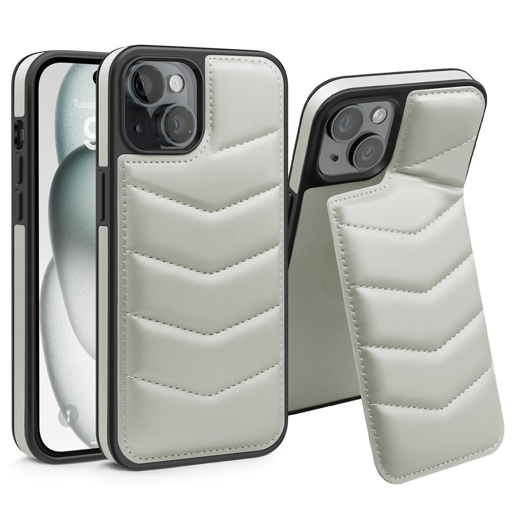 For iPhone 15 Case Card Slot Down Coat Kickstand Leather+TPU Magnetic Phone Cover - Grey