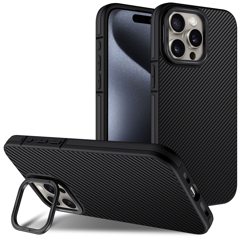 For iPhone 14 Pro Case PC Lens Frame Kickstand TPU Phone Cover - Black