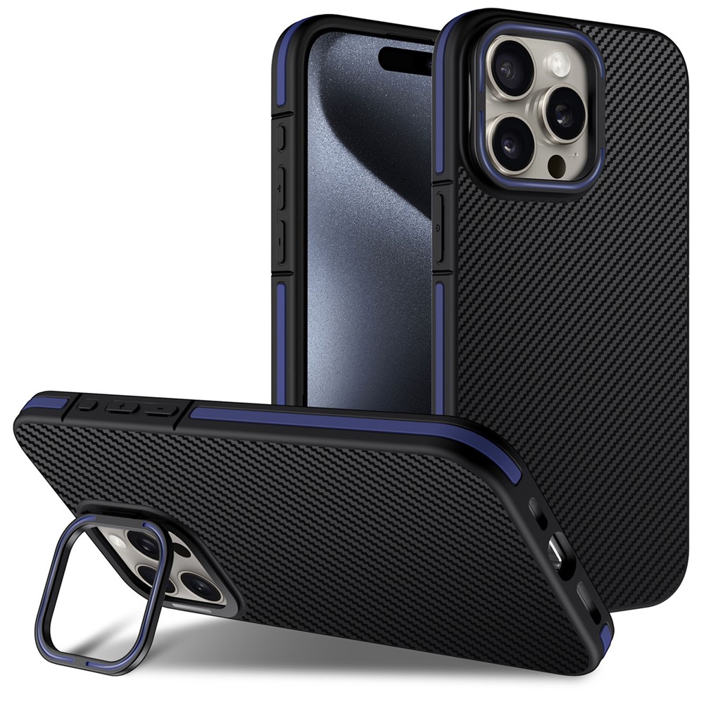 For iPhone 14 Pro Max Case PC Lens Frame Kickstand Carbon Fiber TPU Phone Cover - Blue