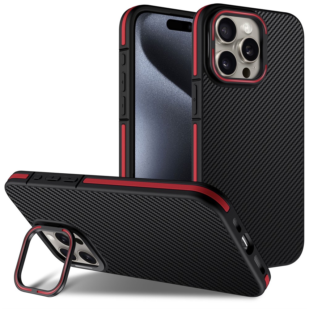 For iPhone 14 Pro Max Case PC Lens Frame Kickstand Carbon Fiber TPU Phone Cover - Red