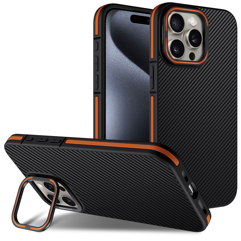 For iPhone 14 Pro Max Case PC Lens Frame Kickstand Carbon Fiber TPU Phone Cover - Orange