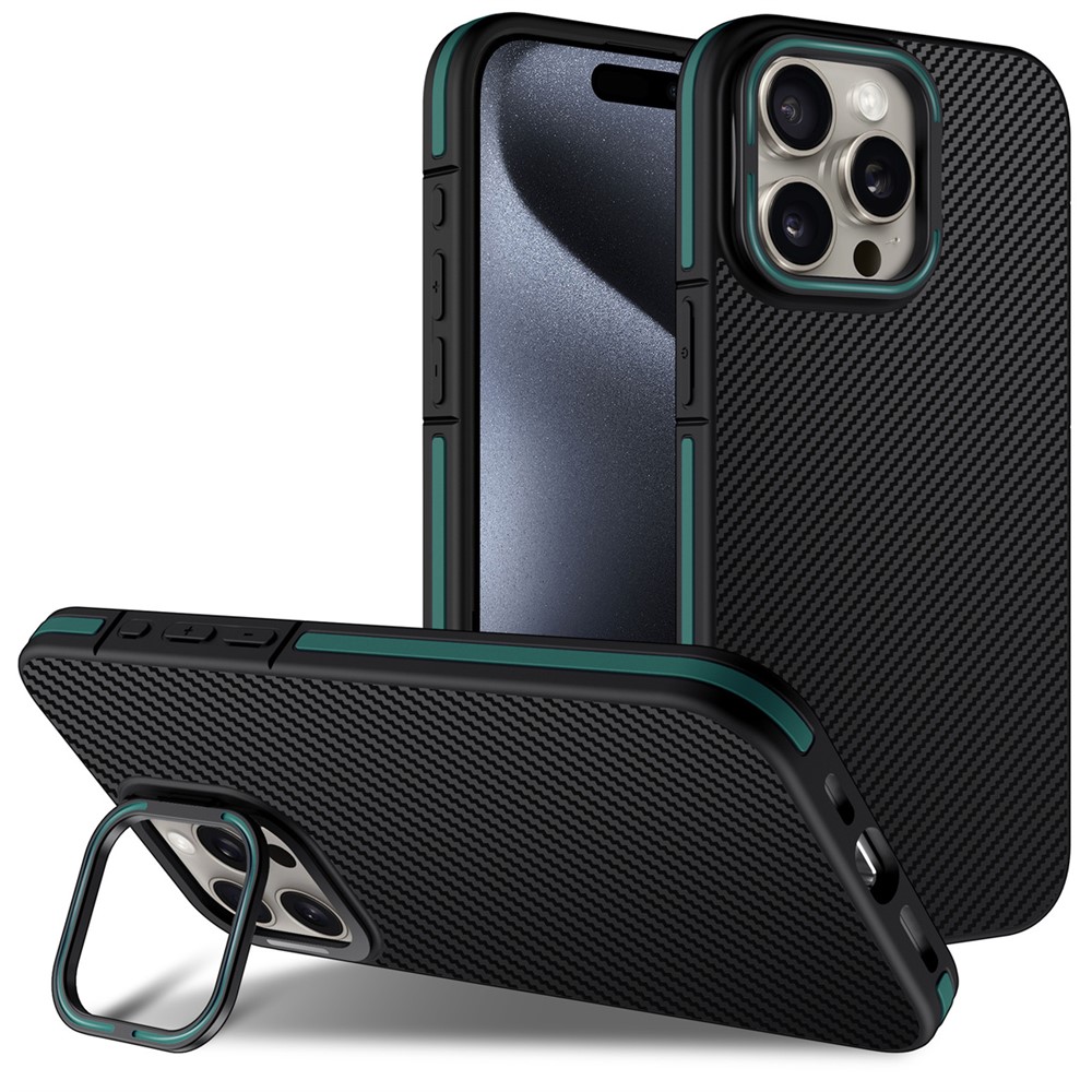 For iPhone 14 Pro Max Case PC Lens Frame Kickstand Carbon Fiber TPU Phone Cover - Green