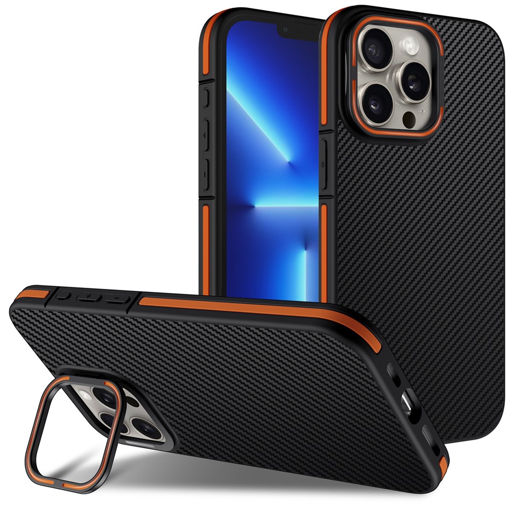 For iPhone 13 Pro Max Case PC Lens Frame + TPU Phone Cover Carbon Fiber Texture - Orange