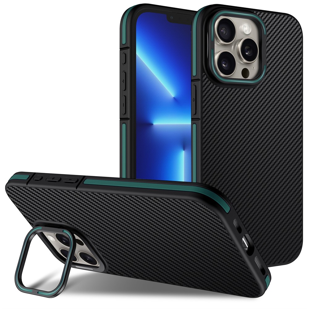 For iPhone 13 Pro Max Case PC Lens Frame + TPU Phone Cover Carbon Fiber Texture - Green