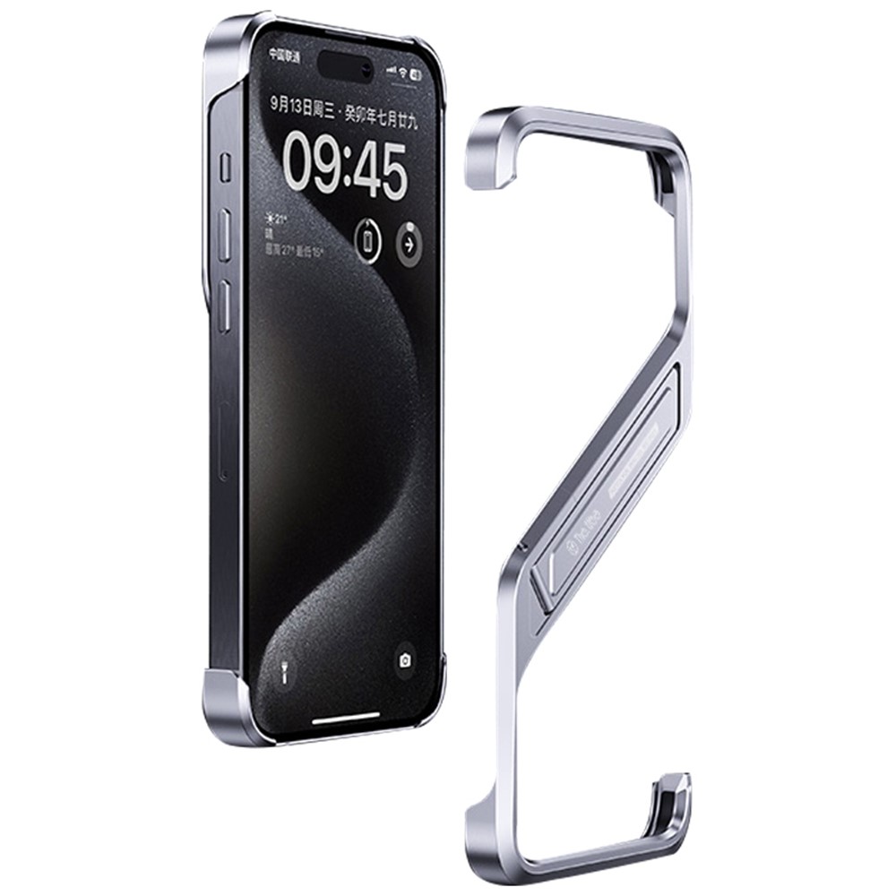 For iPhone 14 Pro Frameless Bumper Case S-shaped Kickstand Aluminium Alloy Cover - Silver
