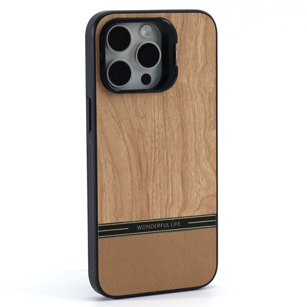 For iPhone 14 Pro Max Case Lens Frame Kickstand TPU+PC Wood Grain Phone Cover - Wood Color