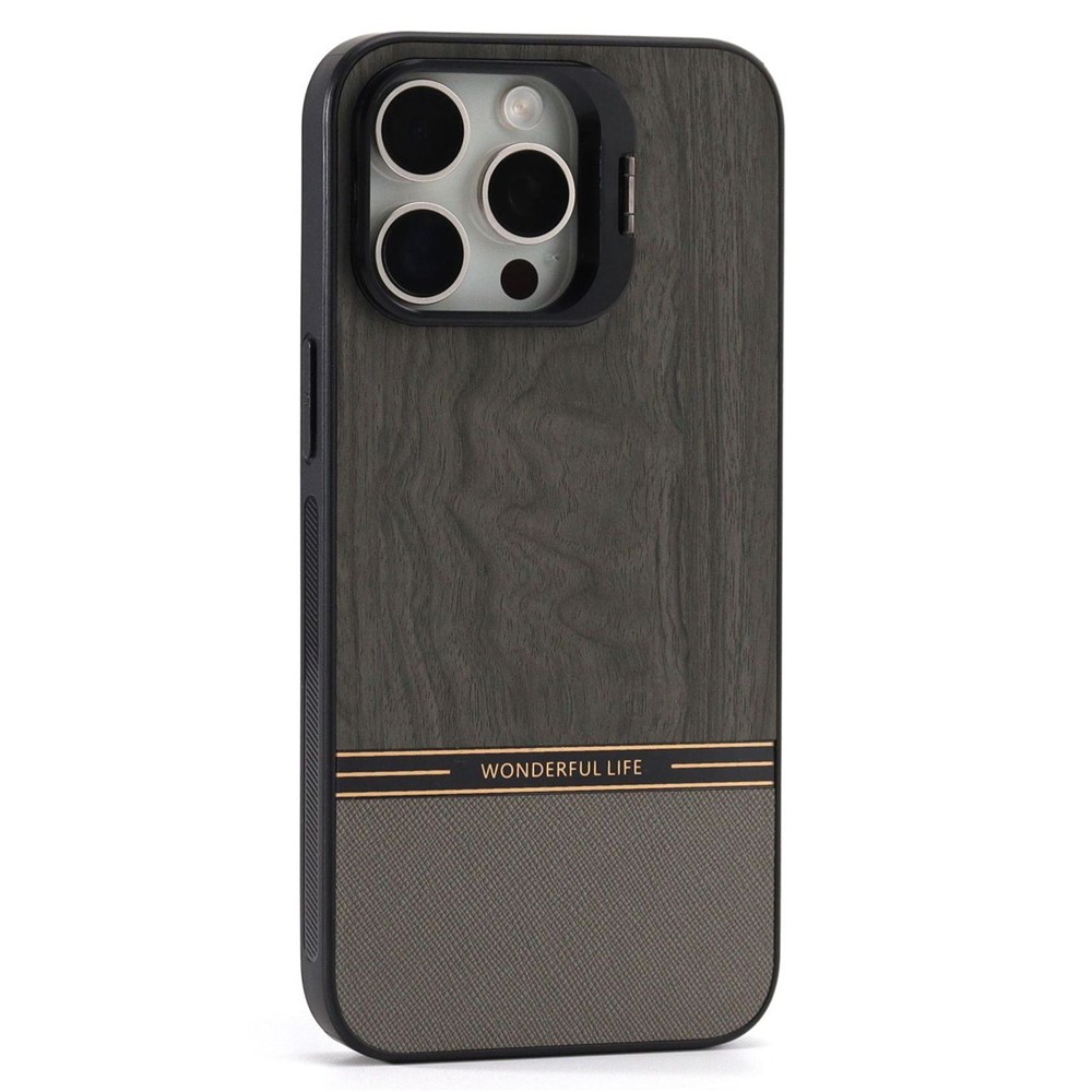 For iPhone 14 Pro Max Case Lens Frame Kickstand TPU+PC Wood Grain Phone Cover - Grey