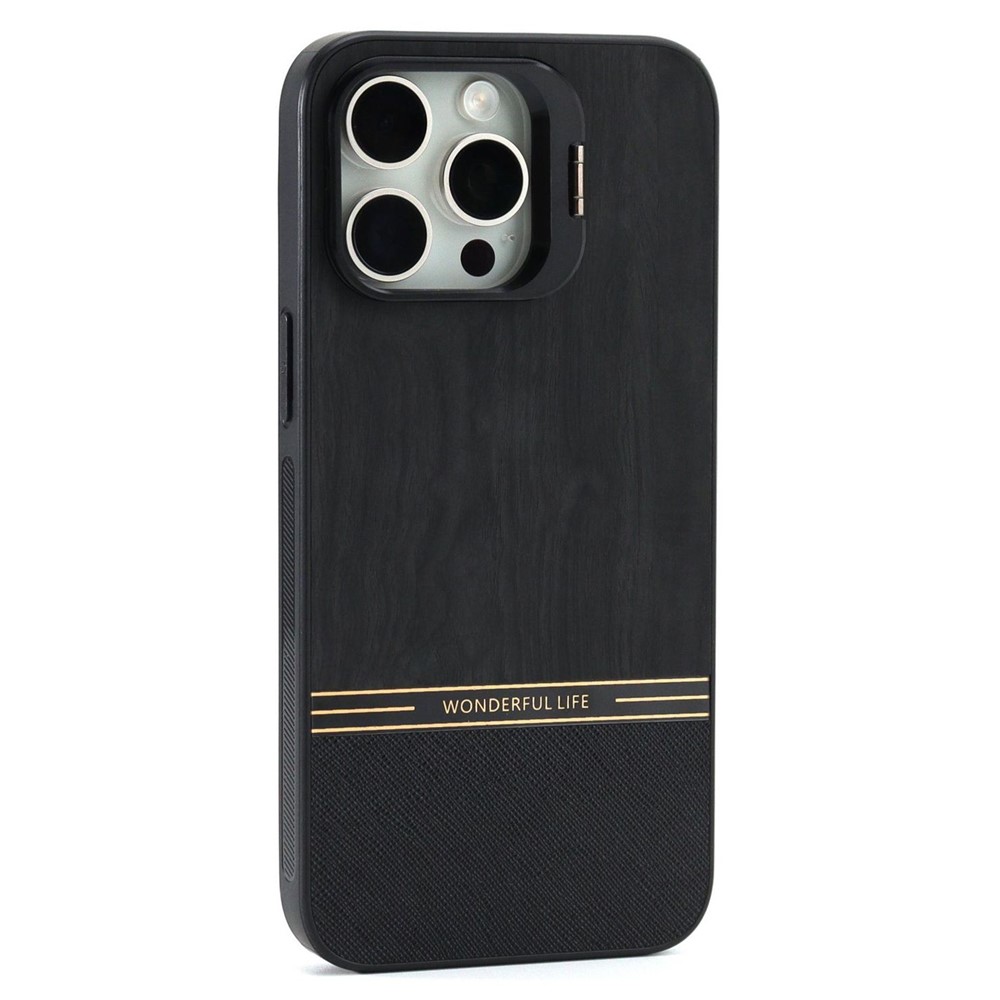 For iPhone 14 Pro Case Lens Frame Kickstand TPU+PC Wood Grain Phone Cover - Black