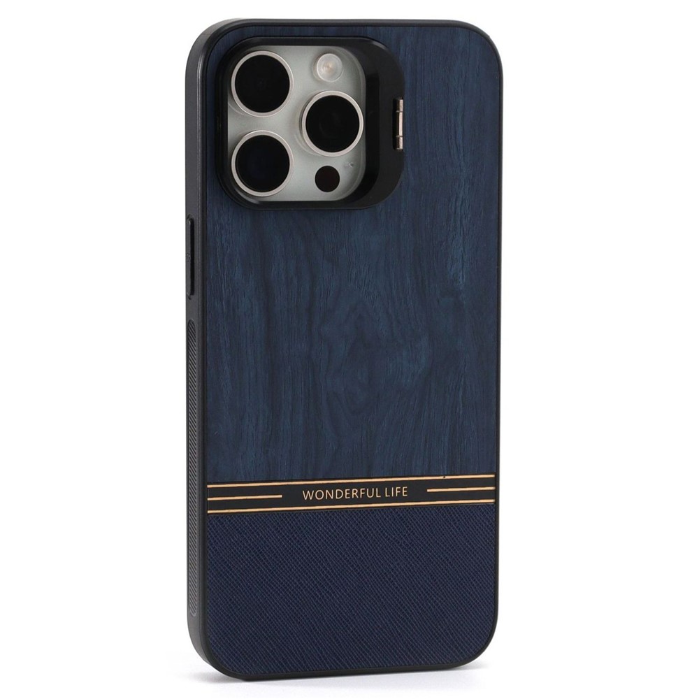 For iPhone 14 Pro Case Lens Frame Kickstand TPU+PC Wood Grain Phone Cover - Blue