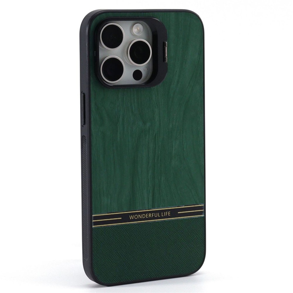 For iPhone 14 Pro Case Lens Frame Kickstand TPU+PC Wood Grain Phone Cover - Green