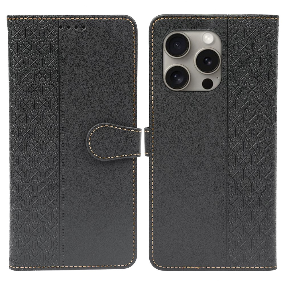 For iPhone 14 Pro Case Magnetic Clasp Four-Leaf Clover Leather Phone Cover - Black