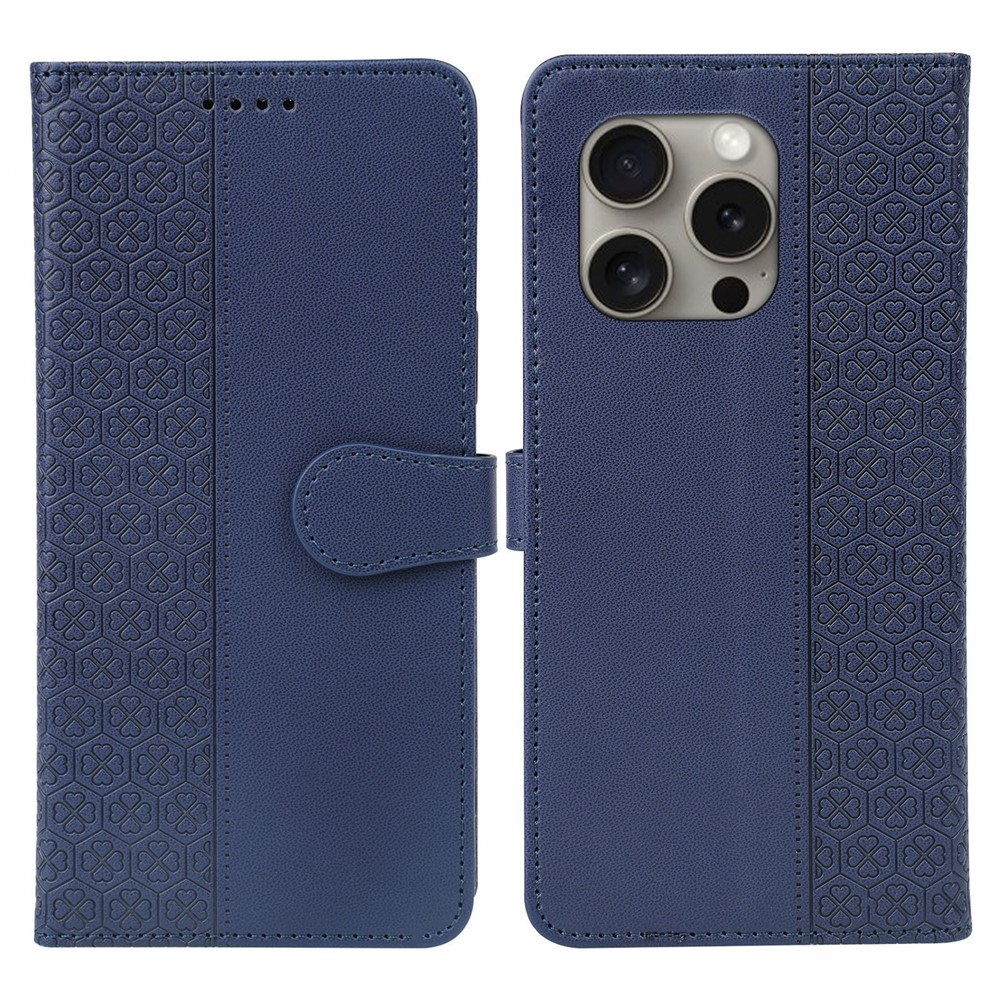 For iPhone 14 Pro Case Magnetic Clasp Four-Leaf Clover Leather Phone Cover - Blue