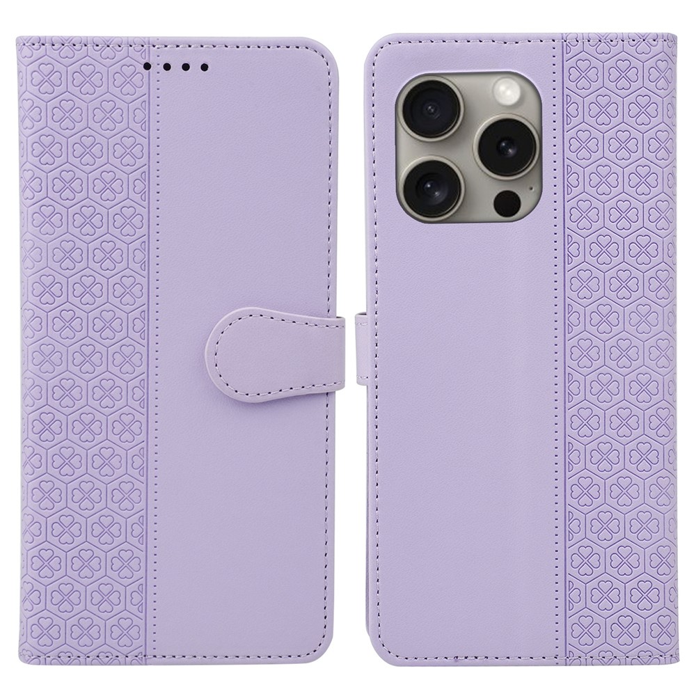 For iPhone 14 Pro Case Magnetic Clasp Four-Leaf Clover Leather Phone Cover - Light Purple