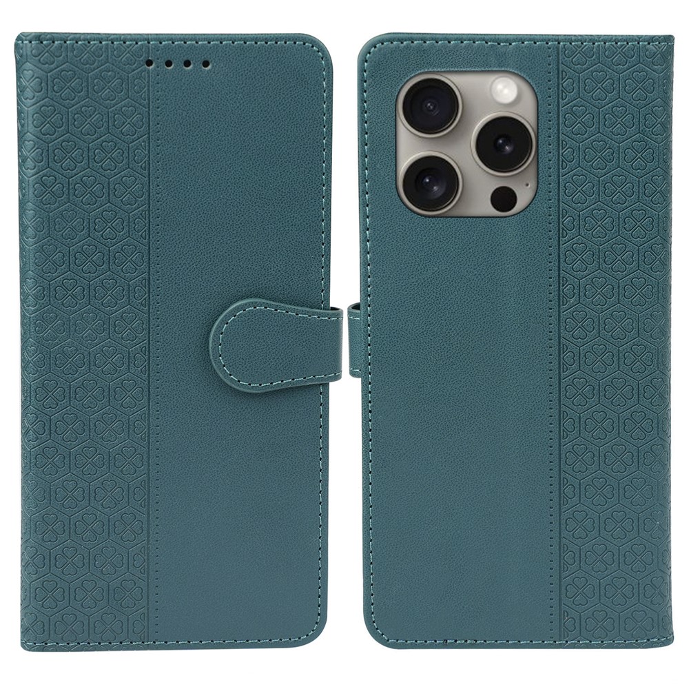 For iPhone 14 Pro Max Case Magnetic Clasp Four-Leaf Clover Leather Phone Cover - Green